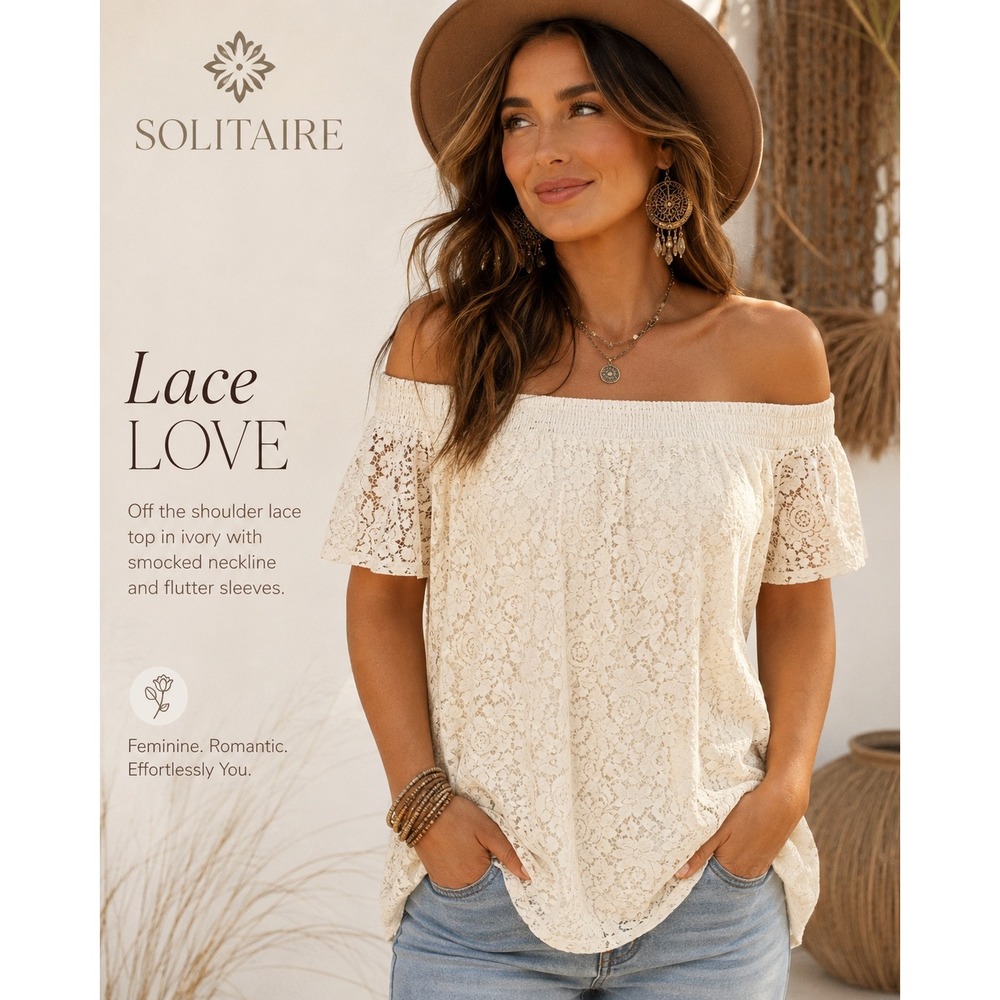 NEW Solitaire Off Shoulder Lace Ivory Short Sleeve Smocked Top Plus 3x